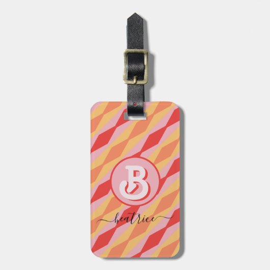 Monogram Retro Hippie 70er Pink Geometric Pastell Gepäckanhänger (Vorderseite vertikal)