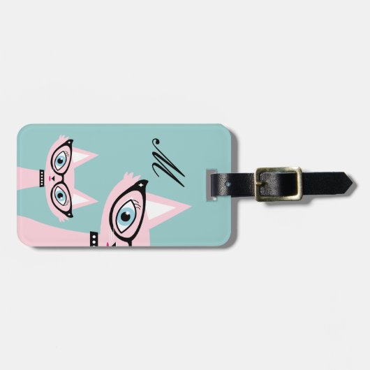 Monogram Retro Pink Cat Lugtag Gepäckanhänger (Vorderseite horizontal)