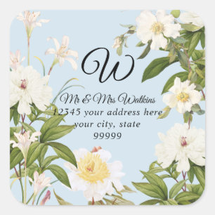 Monogram Return Label Blue Lilie Rose Peony Floral Quadratischer Aufkleber