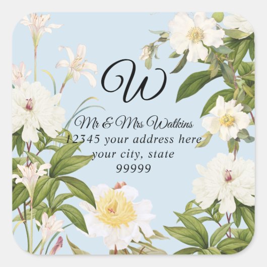 Monogram Return Label Blue Lilie Rose Peony Floral Quadratischer Aufkleber (Vorderseite)