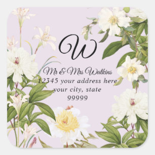 Monogram Return Label Lavendel Rose Peony Floral Quadratischer Aufkleber