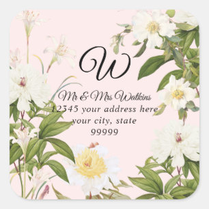 Monogram Return Label Rosa Liege Rose Peony Floral Quadratischer Aufkleber