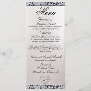 Monogram, Ribbon & Glitzer - Blue Wedding Menükarte