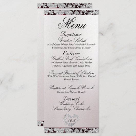 Monogram, Ribbon & Glitzer - Burgund Wedding Menükarte (Vorne/Hinten)