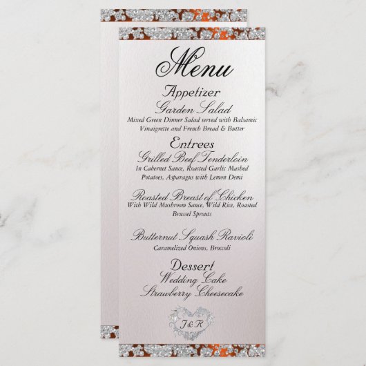 Monogram, Ribbon & Glitzer - Kupferhochzeit Menükarte (Vorne/Hinten)