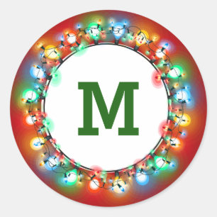 Monogram Ring of Christmas Light Bulbs Runder Aufkleber