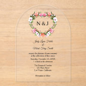 Monogram Romantische Rose Blumenherz Acryleinladungen (Vorderseite)