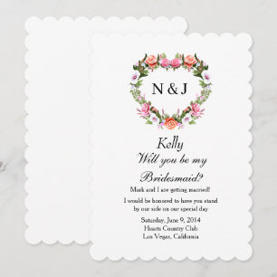 Monogram Romantische Rose Blumenherz Bridesmaid Einladung