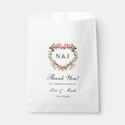 Monogram Romantische Rose Blumenherz Geschenktütchen (Vorderseite)