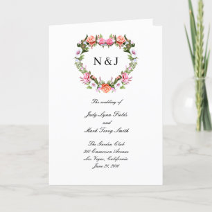 Monogram Romantische Rose Blumenherz Hochzeit Programm