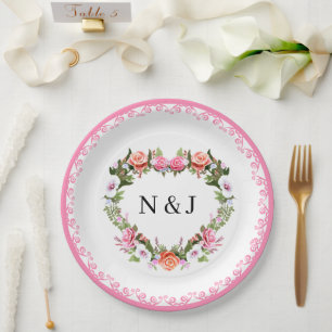 Monogram Romantische Rose Blumenherz Pappteller