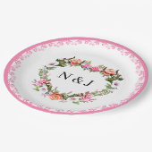 Monogram Romantische Rose Blumenherz Pappteller (Schrägansicht)