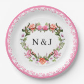 Monogram Romantische Rose Blumenherz Pappteller (Vorderseite)