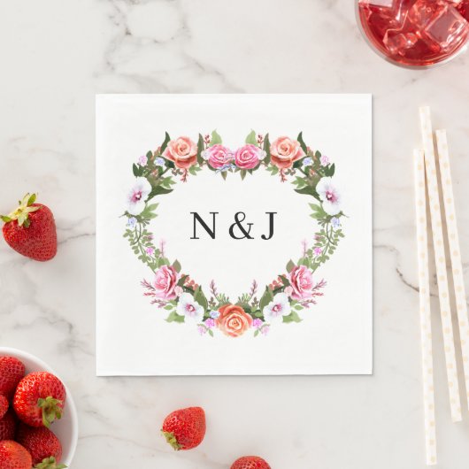 Monogram Romantische Rose Blumenherz Serviette (Beispiel)