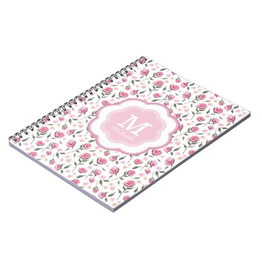 Monogram Romantisches rosa Roses Hübsches Muster Notizblock (Linke Seite)