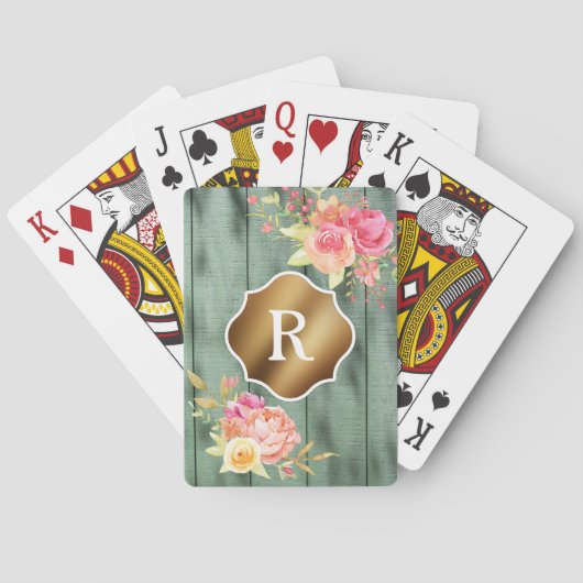 Monogram, rosa Blume Rustikales Grünes Holz Spielkarten (Rückseite)