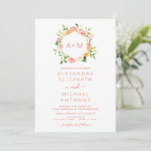 Monogram Rosa Citrus Floral Wedding Invitati Einladung (Stehend Vorderseite)