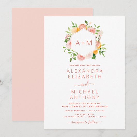 Monogram Rosa Citrus Floral Wedding Invitati Einladung (Vorne/Hinten)
