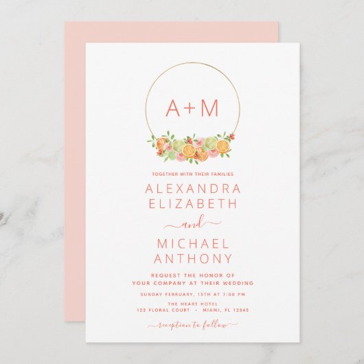 Monogram Rosa Citrus Floral Wedding Invitati Einladung (Vorne/Hinten)