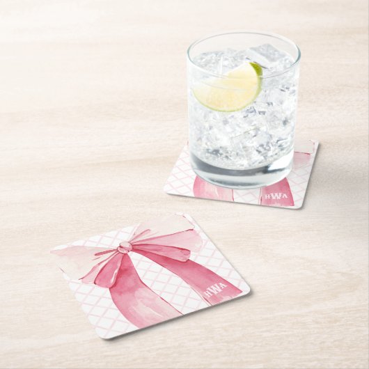 Monogram, rosa Ribbon Coquette Rechteckiger Pappuntersetzer (Vor Ort)