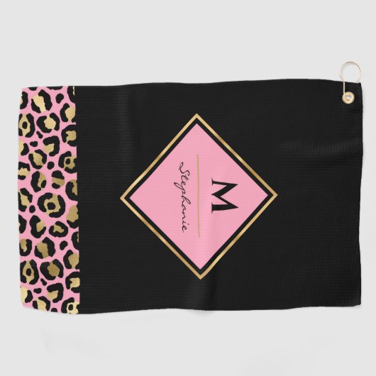Monogram, rosa und goldene Leopard | Farbblock Golfhandtuch (Horizontal)