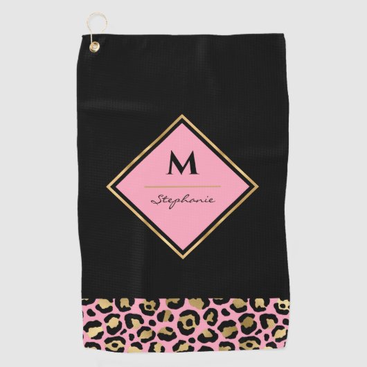 Monogram, rosa und goldene Leopard | Farbblock Golfhandtuch (Vorderseite)