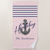 Monogram, rosa und Navy Blue Anchor Strandtuch (Vorderseite)