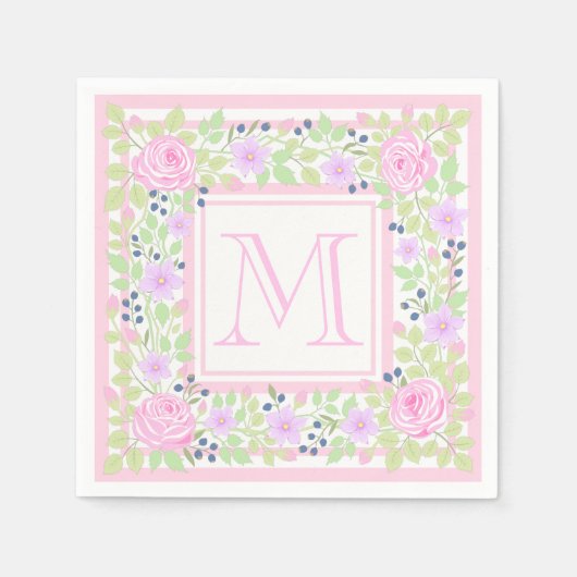 Monogram Rose Clematis Blueberry Paper Napkins Serviette (Vorderseite)