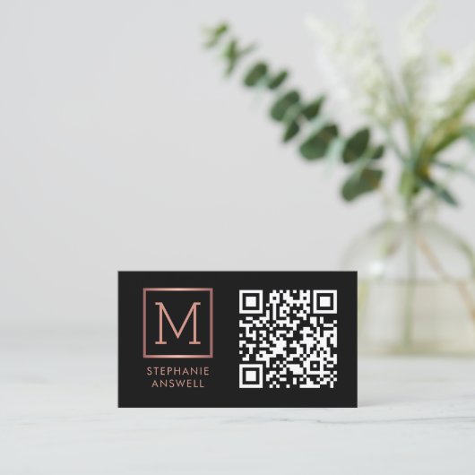 Monogram-Rose für den schwarzen QR-Code Visitenkarte (Stehend Vorderseite)