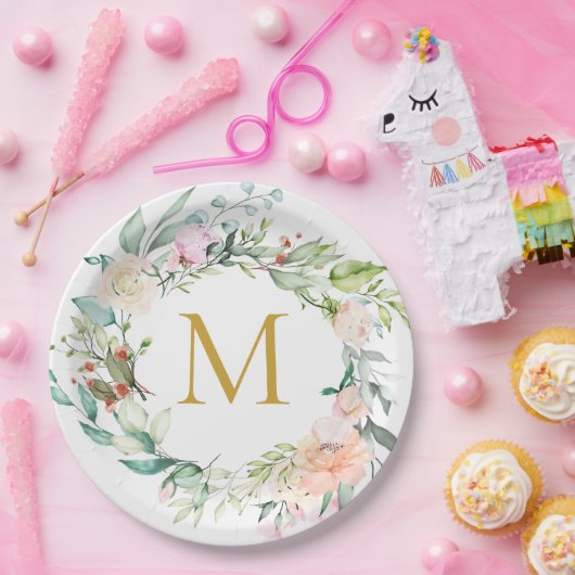 Monogram Rose Garland Floral Pappteller (Party)