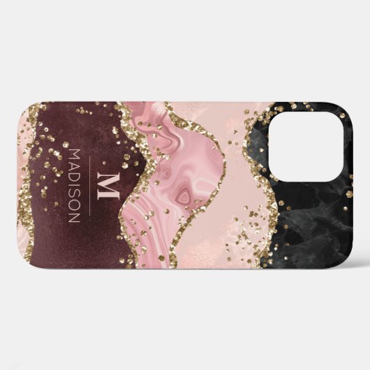 Monogram Rose Gold Agate Liquid & Glitzer Gold Case-Mate iPhone Hülle (Rückseite (Horizontal))