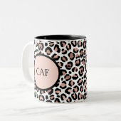 Monogram Rose Gold Black Leopard Print Cheetah Zweifarbige Tasse (Vorderseite Links)