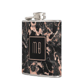 Monogram Rose Gold Black Marble Flachmann (Links)