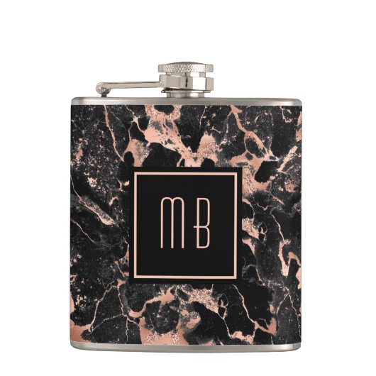 Monogram Rose Gold Black Marble Flachmann (Vorderseite)