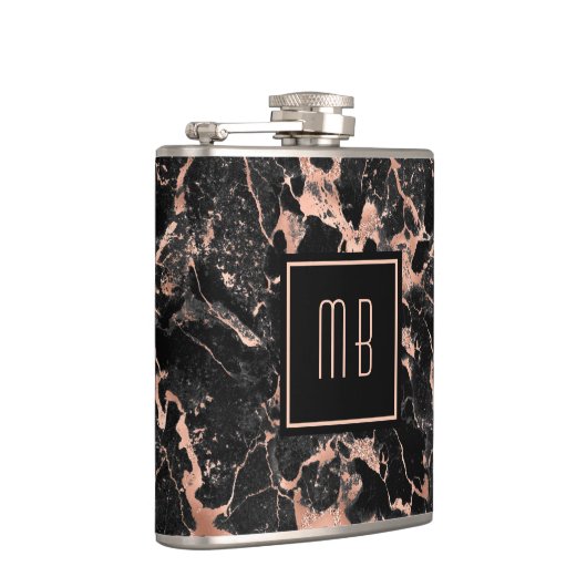 Monogram Rose Gold Black Marble Flachmann (Rechts)