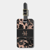 Monogram Rose Gold Black Marble Gepäckanhänger (Vorderseite vertikal)