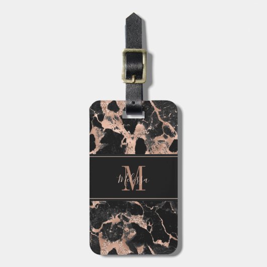 Monogram Rose Gold Black Marble Gepäckanhänger (Vorderseite vertikal)