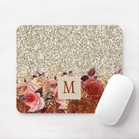 Monogram Rose Gold Blume Light Gold Glitzer Mousepad (Mit Mouse)