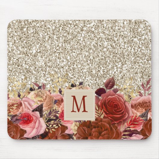 Monogram Rose Gold Blume Light Gold Glitzer Mousepad (Vorne)
