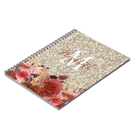 Monogram Rose Gold Blume Light Gold Glitzer Notizblock (Linke Seite)