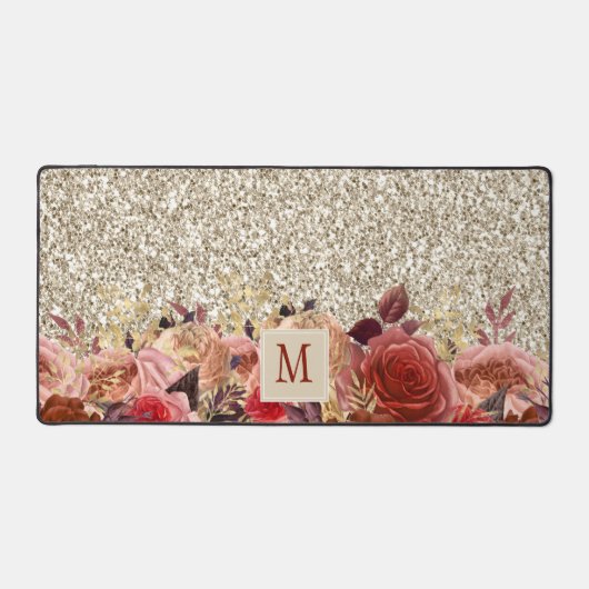 Monogram Rose Gold Blume Light Gold Glitzer Schreibtischunterlage (Vorderseite)