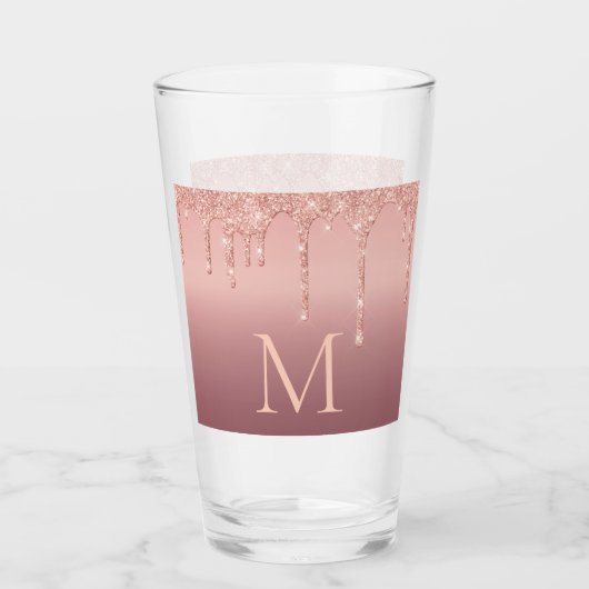 Monogram Rose Gold Blush Glitzer Glass Glas (Vorderseite)