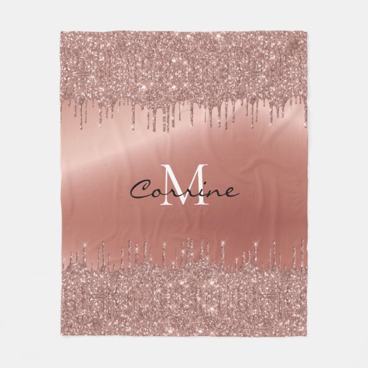 Monogram Rose Gold Dripping Glitzer Metallic Name Fleecedecke (Vorderseite)