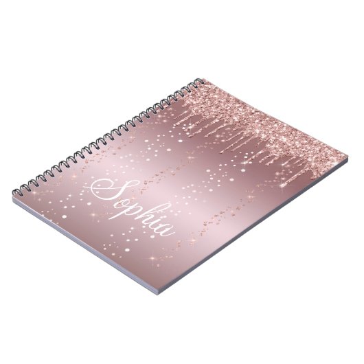 Monogram Rose Gold Dripping Glitzer Metallic Notizblock (Linke Seite)
