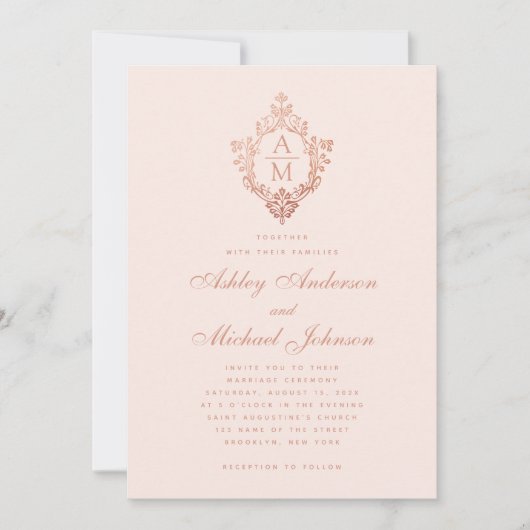 Monogram Rose Gold Floral Wappen Blush Pink Hochze Einladung (Vorderseite)
