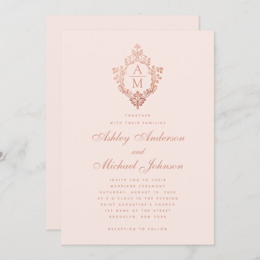 Monogram Rose Gold Floral Wappen Blush Pink Hochze Einladung (Vorne/Hinten)
