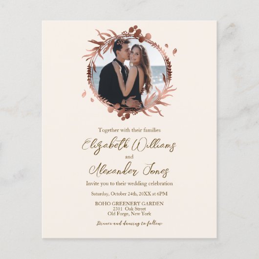 Monogram Rose Gold Foil Budget Einladung (Vorderseite)