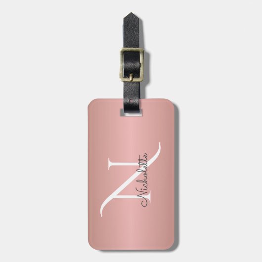 Monogram Rose Gold Girly Script Individuelle Name Gepäckanhänger (Vorderseite vertikal)