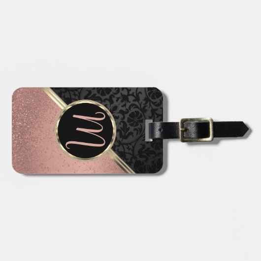 Monogram Rose Gold Glitter and Black Damask Gepäckanhänger (Vorderseite horizontal)