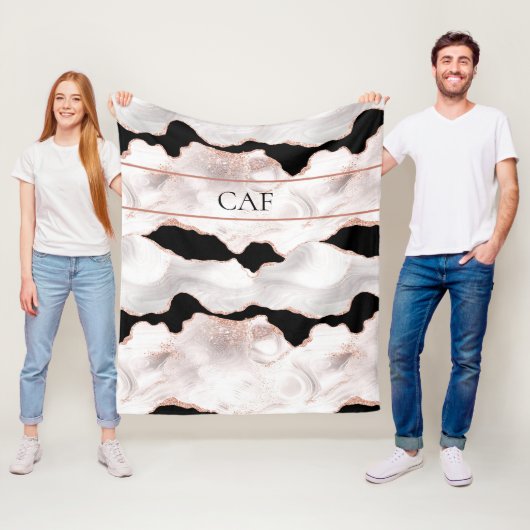 Monogram Rose Gold Glitzer Agate Schwarz-weiß Fleecedecke (Beispiel)